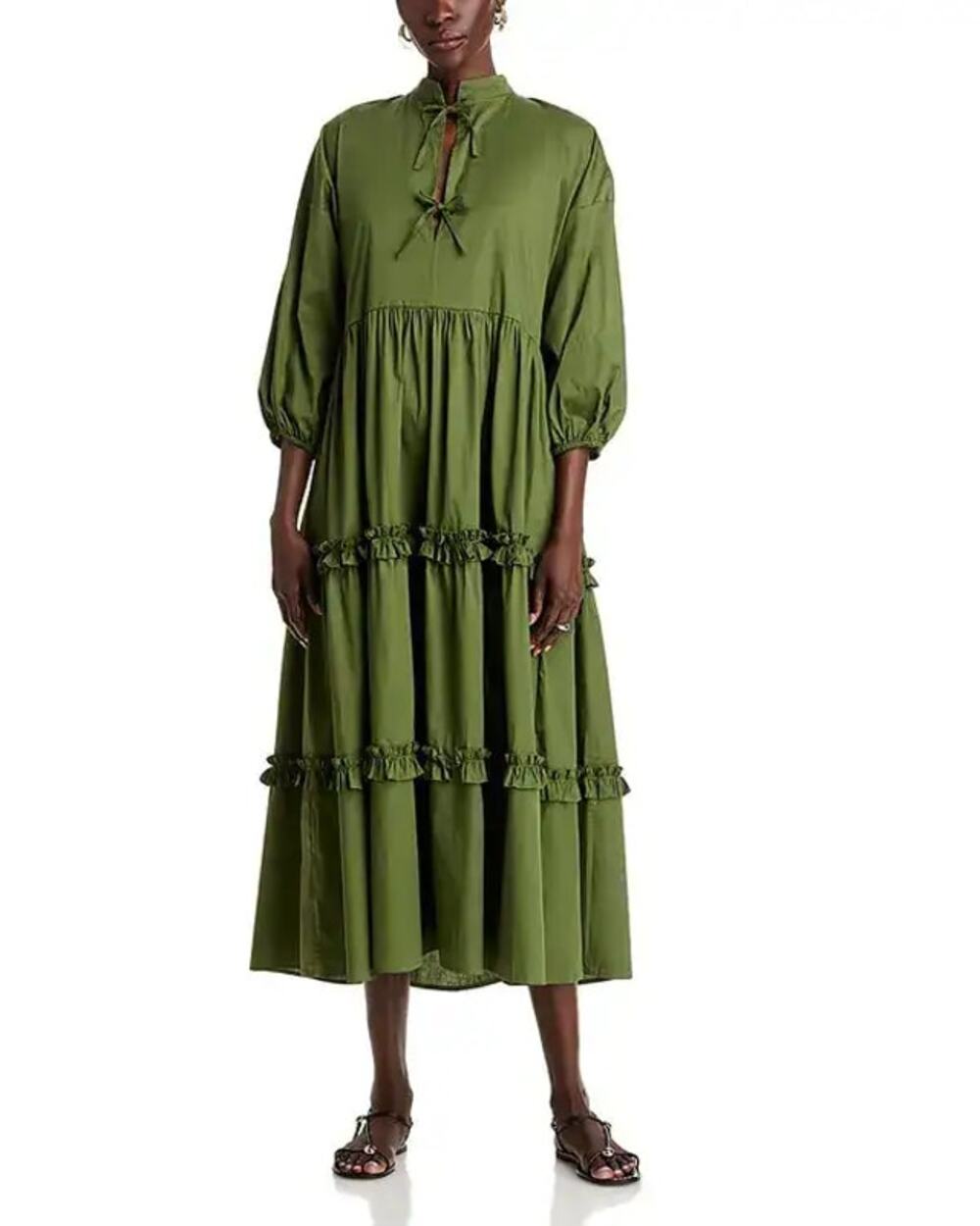 The Lulo Project Women Green Poplin Cotton Bogota Tiered Midi Dress Size L